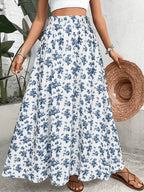 Women'S Blue White Floral Print Midi Skirt, High-Waist Elastic Waist A-Line Flared Long Skirt - Sky Blue