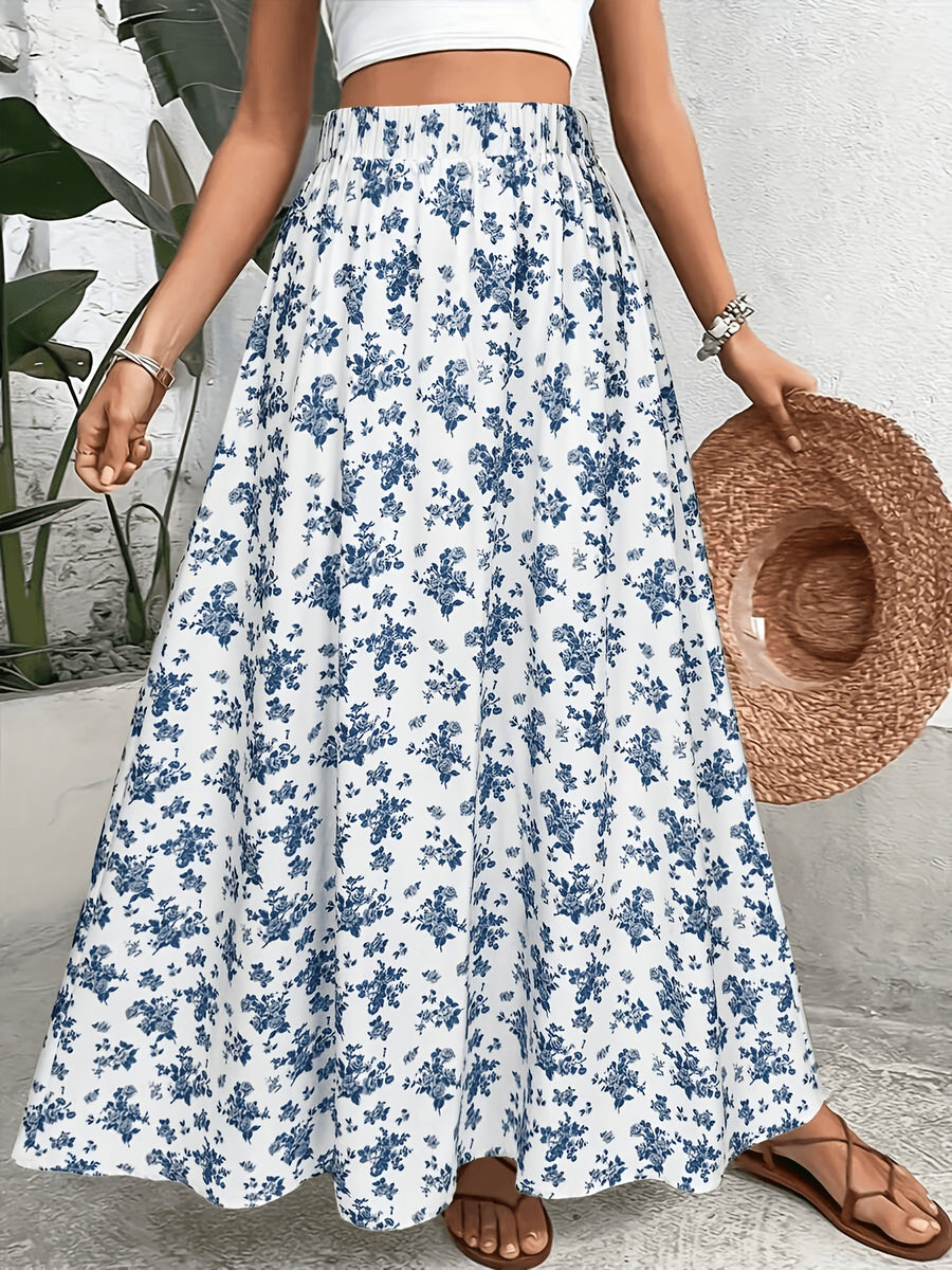 Women'S Blue White Floral Print Midi Skirt, High-Waist Elastic Waist A-Line Flared Long Skirt - Sky Blue