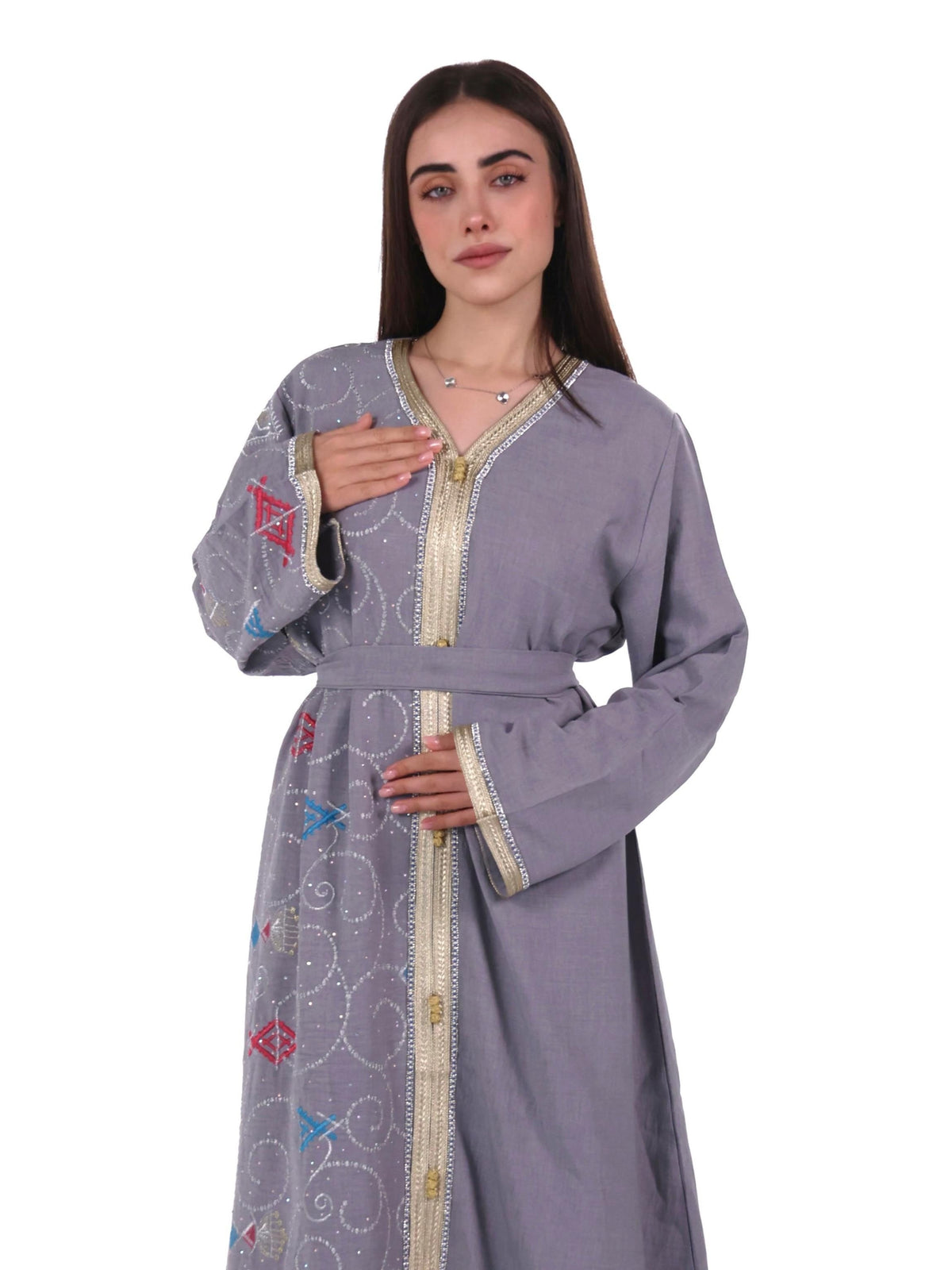 Middle East Women's New Traditional Style Dress Kaftan Robe Jalabiya Festival Evening Gown Abayas Suitable for Holiday Party Wear Women's Evening Dress, Casual Dress with belt - Grey