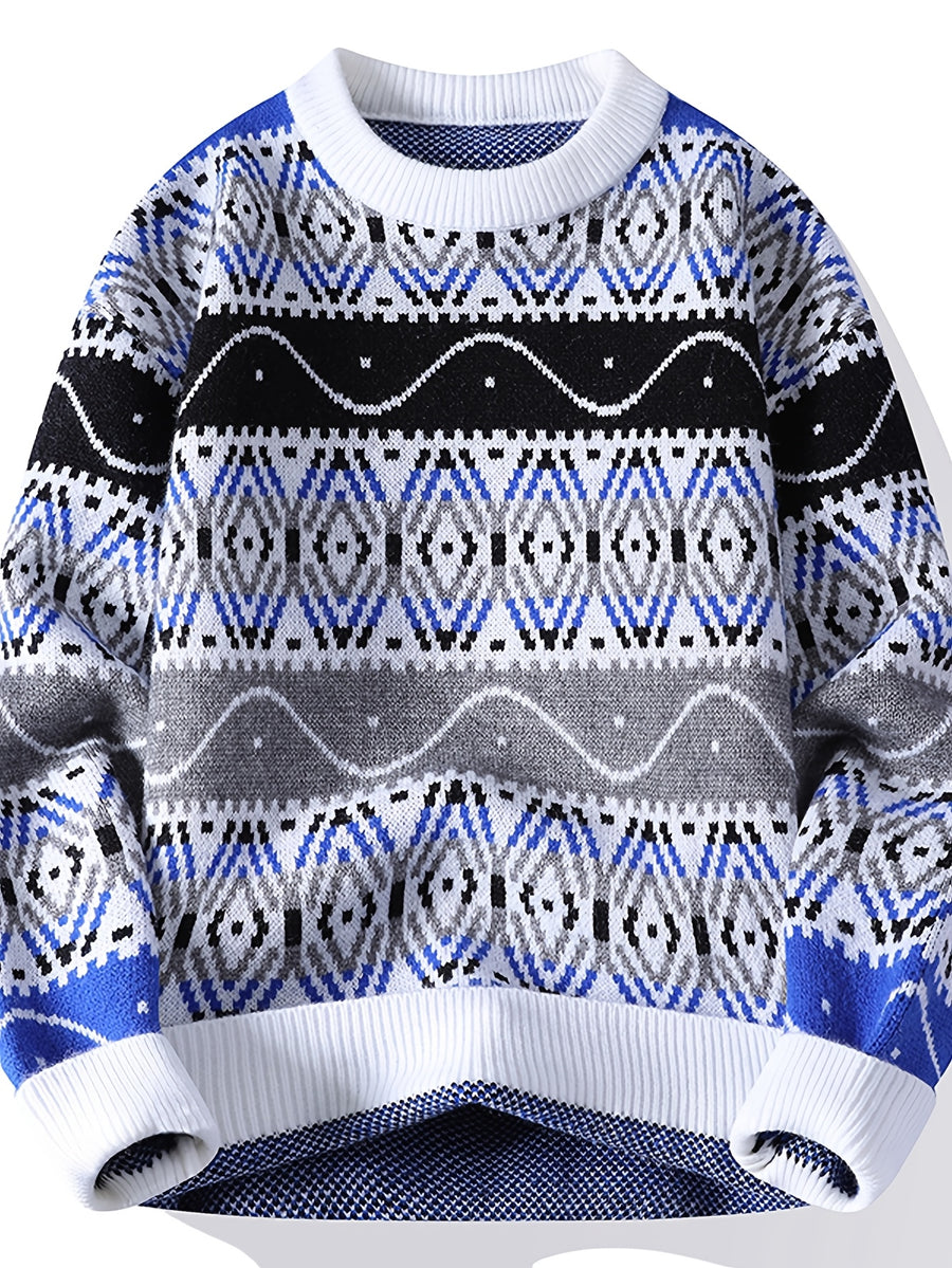 Fashion Round Neck Jacquard Sweater for Men And Teenagers, Autumn/Winter Color-Block Striped Casual Pullover Knit - Blue