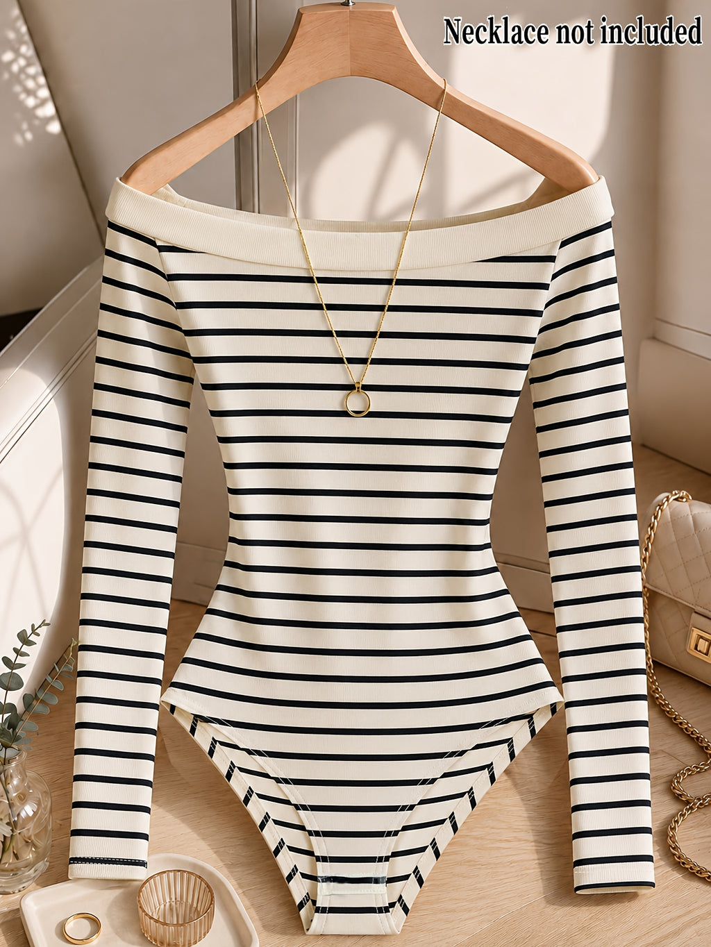 Autumn/Winter French-Style Off-the-Shoulder Striped Long-Sleeve Bodysuit for Women, Off-Shoulder Inner Wear Bodysuit Top, Figure-Hugging Ribbed Base Layer Shirt - Stripe