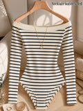 Autumn/Winter French-Style Off-the-Shoulder Striped Long-Sleeve Bodysuit for Women, Off-Shoulder Inner Wear Bodysuit Top, Figure-Hugging Ribbed Base Layer Shirt - Stripe