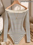 Autumn/Winter French-Style Off-the-Shoulder Striped Long-Sleeve Bodysuit for Women, Off-Shoulder Inner Wear Bodysuit Top, Figure-Hugging Ribbed Base Layer Shirt - Stripe