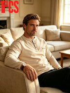 Men's Vintage Topstitch Henry Shirt Long Sleeve T-Shirt, Casual Versatile Light Business Crew Neck Half-Open Placket Pocket Top, Commuting Loose Fit Base Layer - Without Gift Box Packaging - Khaki