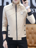 Men's Slim-Fit Stand Collar Jacket - Elegant Beige Polyester with Black Accents, Casual Business Style for Spring and Fall, Stylish Layering Piece | Zipper Closure Jacket | Tailored Fit - 10602 Badge - 888 Khaki