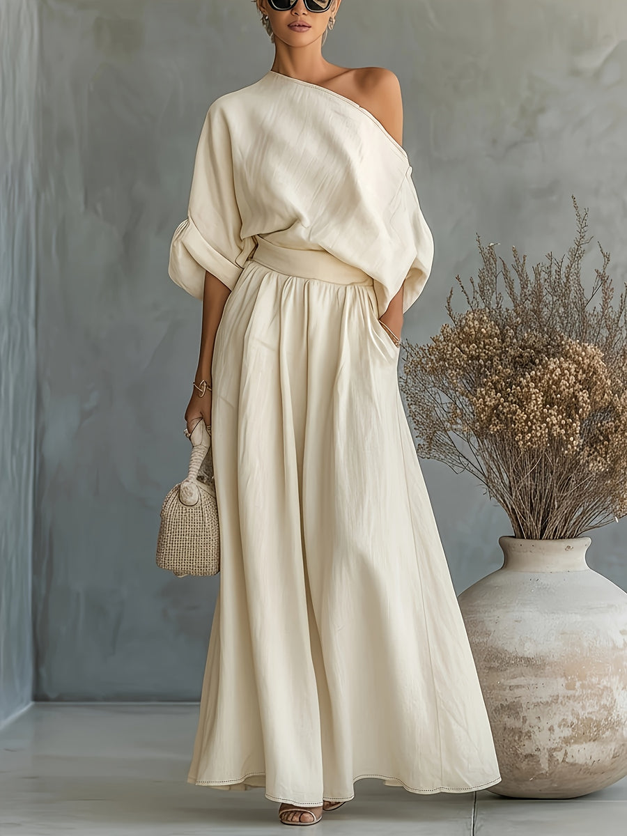 Women'S Fashion Elegant Women'S Easy Casual Short Loose Off-Shoulder Puff Sleeve Niche Top Oversized A-Line Half-Skirt Set - Apricot