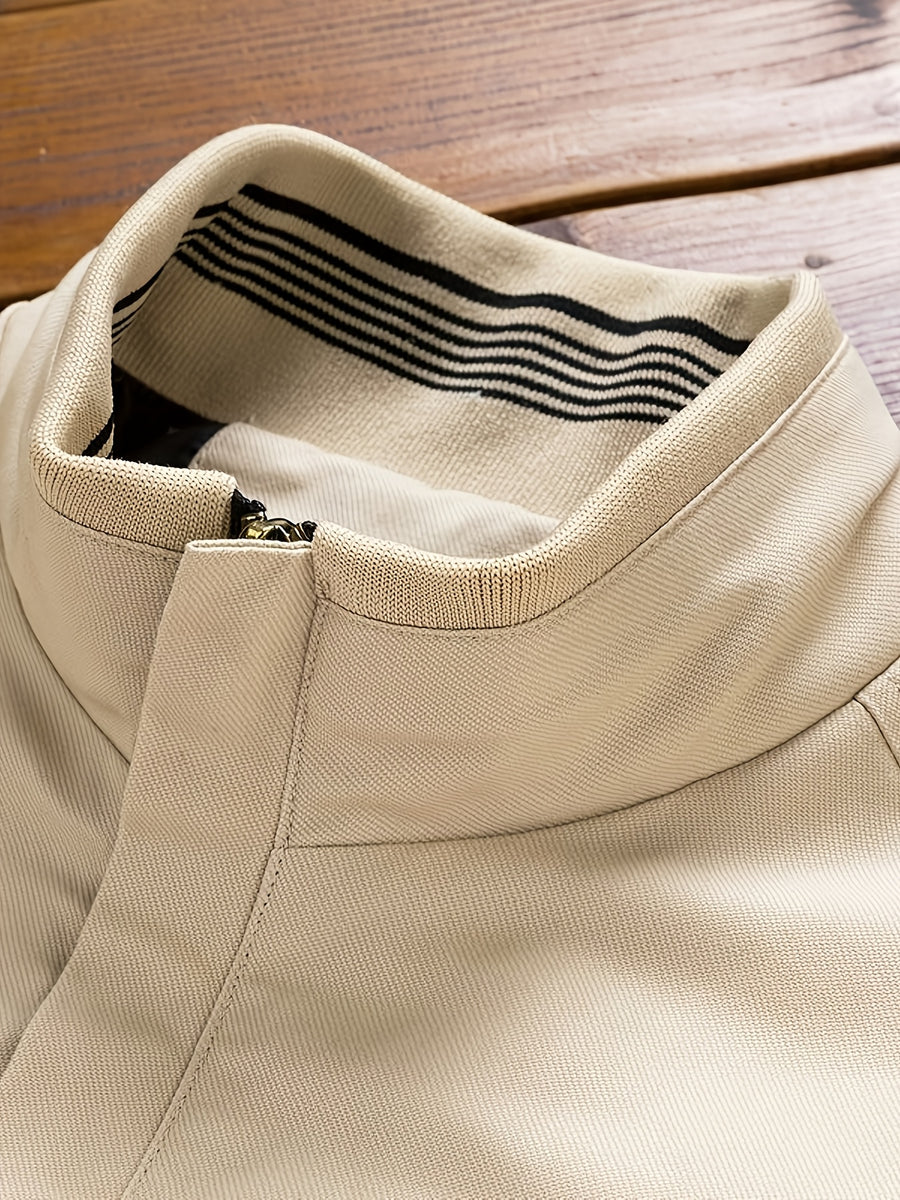 Men's Spring/Autumn Stand Collar Jacket, Casual Zipper Windproof Versatile Outerwear with Classic Cuff and Hem Striped Rib Design, Suitable for Daily Work Scenes - Burgundy