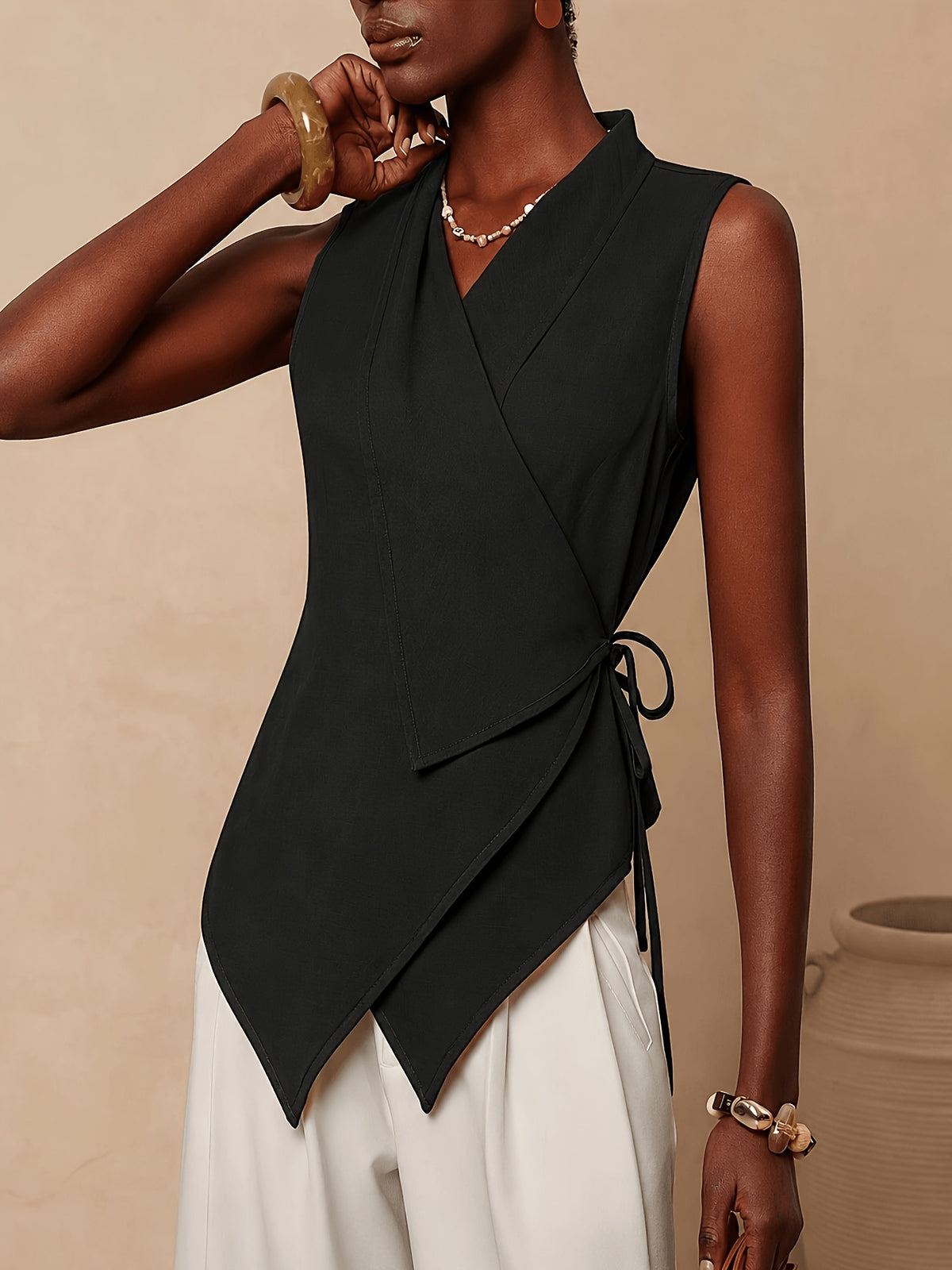Women'S Solid Color Knotted Asymmetrical Hem Casual Versatile Daily Wear Shirt - Black