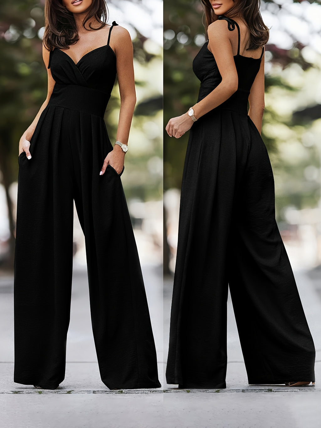 New Summer Streetwear Daily Wear Style Camisole V-Neck Pleated Jumpsuit for Women - Black