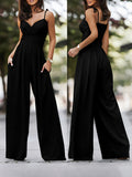 New Summer Streetwear Daily Wear Style Camisole V-Neck Pleated Jumpsuit for Women - Black