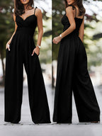 New Summer Streetwear Daily Wear Style Camisole V-Neck Pleated Jumpsuit for Women - Black