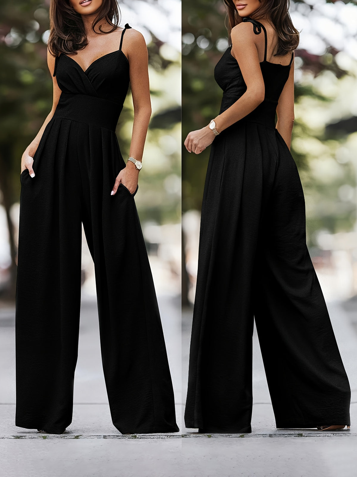 New Summer Streetwear Daily Wear Style Camisole V-Neck Pleated Jumpsuit for Women - Black
