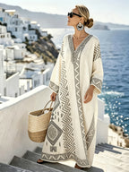 Plus Size, Women's Plus Size Middle Eastern Robe Dress - Elegant V-Neck Maxi Dress with -Line -Length Suitable for Daily Wear, Holiday Parties, Vacations, Loose Fit Long Sleeve Dress for Commuting, Dates & Special Occasions - White