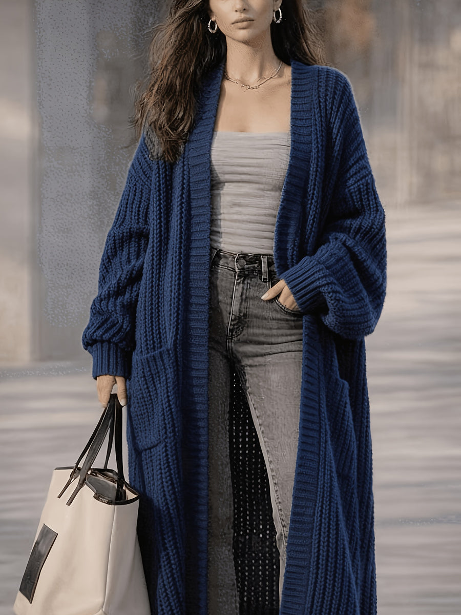 Women'S Solid Color Cardigan Sweater, Casual Long Sleeve Open Front Cardigan - Navy Color