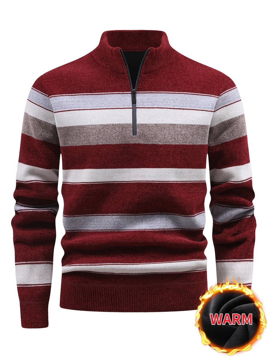 Autumn And Winter Men'S Sweater with Fleece, Half-Zipper Collar, Contrasting Color Stripes, Long-Sleeved Men'S Knit Pullover, Casual And Versatile, Warm Top Suitable for Daily Commuting, Going Out, Shopping - Deep Red