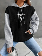 Women's Casual Oversized Hoodie with Checkered Texture & Letter Print, Kangaroo Pocket, Long Sleeve Loose Fit Sweatshirt for Fall Winter, Machine Washable, Fall Fashion, Relaxed Style, Comfortable Texture, Print Sweatshirt, Cozy Wear - Black