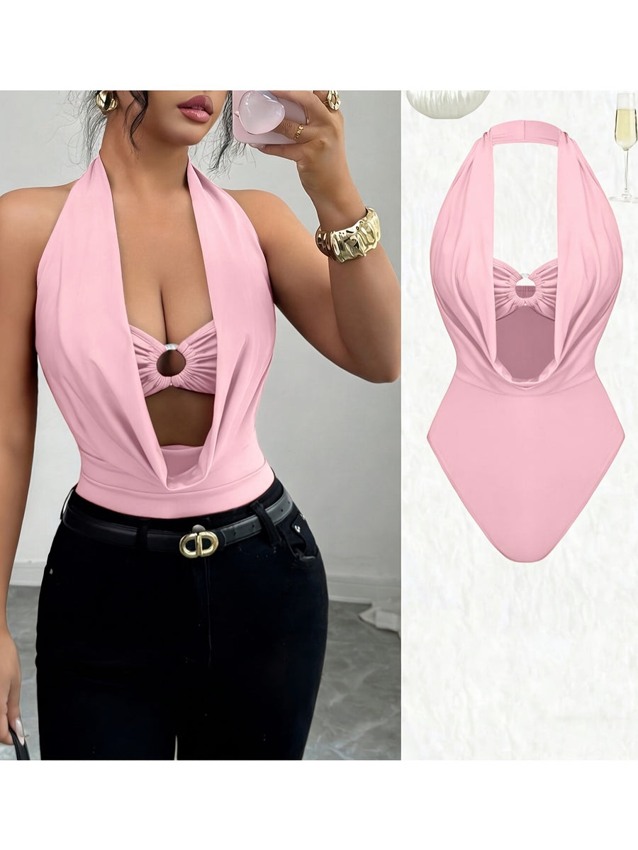 New Women's Solid Color Fashionable Summer Halter Neck Hollowed-out Bodysuit, Sexy Backless Tight-fitting Bodysuit, Slim Fit Bodysuit - pink