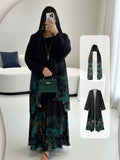 Muslim Saudi Traditional Women's Clothing, Middle Eastern Spring/Autumn New Arrival, Loose Festival Party Open-Front Robe, Ramadan, Eid Al-Fitr, Eid Al-Adha, Long-Sleeved Elegant Ethnic Style Floral Print Cardigan Dress with Headscarf, 1 Summer - Black