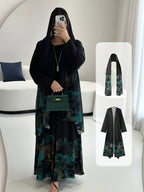 Muslim Saudi Traditional Women's Clothing, Middle Eastern Spring/Autumn New Arrival, Loose Festival Party Open-Front Robe, Ramadan, Eid Al-Fitr, Eid Al-Adha, Long-Sleeved Elegant Ethnic Style Floral Print Cardigan Dress with Headscarf, 1 Summer - Black