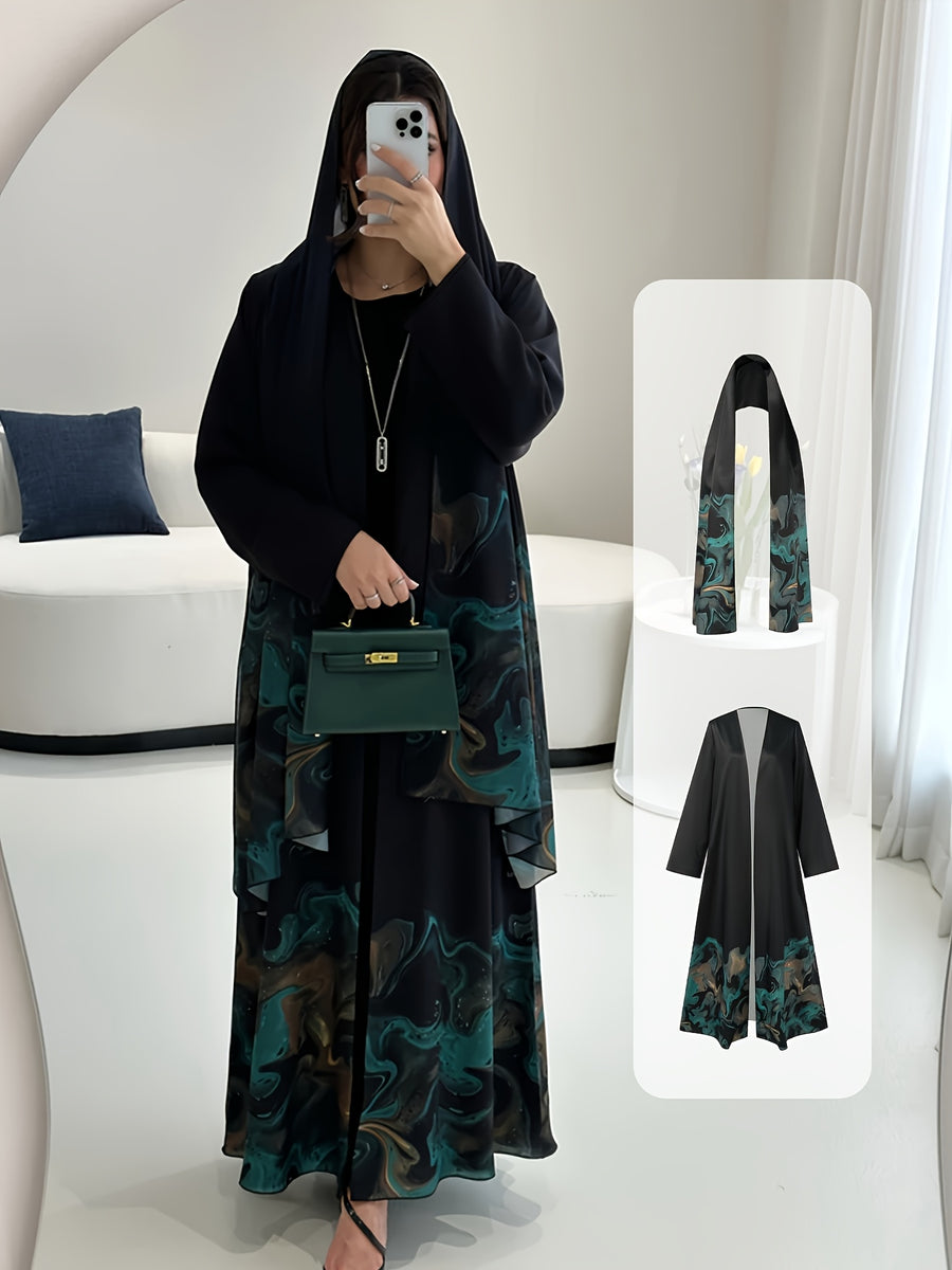 Muslim Saudi Traditional Women's Clothing, Middle Eastern Spring/Autumn New Arrival, Loose Festival Party Open-Front Robe, Ramadan, Eid Al-Fitr, Eid Al-Adha, Long-Sleeved Elegant Ethnic Style Floral Print Cardigan Dress with Headscarf, 1 Summer - Black