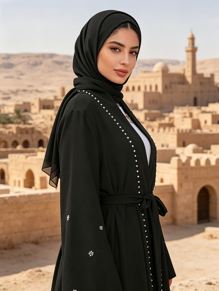 1pc Fashionable, Elegant And Casual, This Pearl-Studded Solid-Colored Abaya Cardigan Is Perfect for Everyday Wear. It Is Loose And Comfortable for Women. Muslim Women Clothes Abayas for Women Muslim Long Frocks for Women Jebba Tunisienne Femme - Black