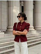 Fashionable and Elegant Women's Solid-color Stand-up Collar Princess-style Short-sleeve Jacket with Faux Pockets, Open Front, Single-breasted, and Casual Suit Jacket, Suitable for Commuting, Vacation, Business, and Daily Casual Wear - Burgundy