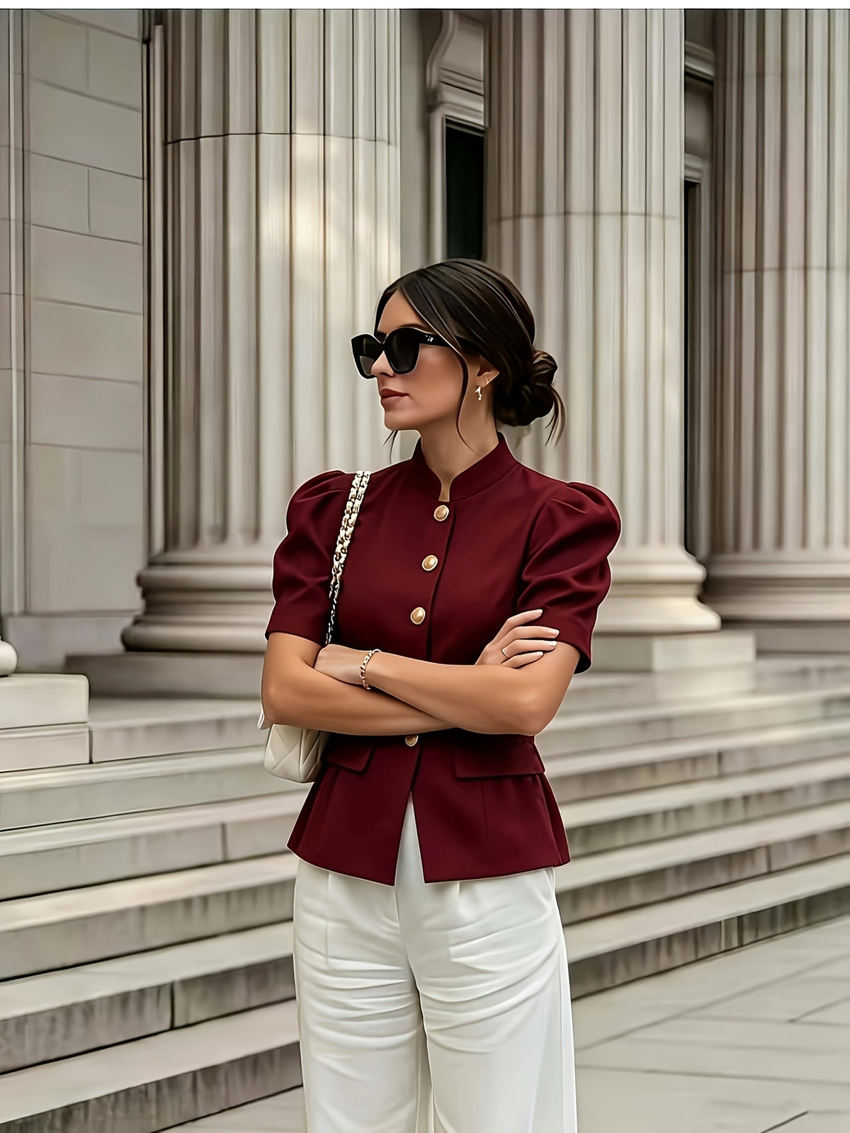 Fashionable and Elegant Women's Solid-color Stand-up Collar Princess-style Short-sleeve Jacket with Faux Pockets, Open Front, Single-breasted, and Casual Suit Jacket, Suitable for Commuting, Vacation, Business, and Daily Casual Wear - Burgundy