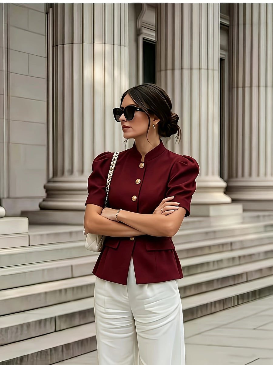 Fashionable and Elegant Women's Solid-color Stand-up Collar Princess-style Short-sleeve Jacket with Faux Pockets, Open Front, Single-breasted, and Casual Suit Jacket, Suitable for Commuting, Vacation, Business, and Daily Casual Wear - Burgundy