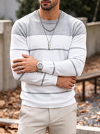 Men's Spring, Autumn, and Winter 2pcs Set: Casual Crew Neck Long-Sleeve Base Layer, Striped New Arrival Sweater for Spring and Autumn, Trendy and Versatile Long-Sleeve Pullover T-Shirt - Light Grey