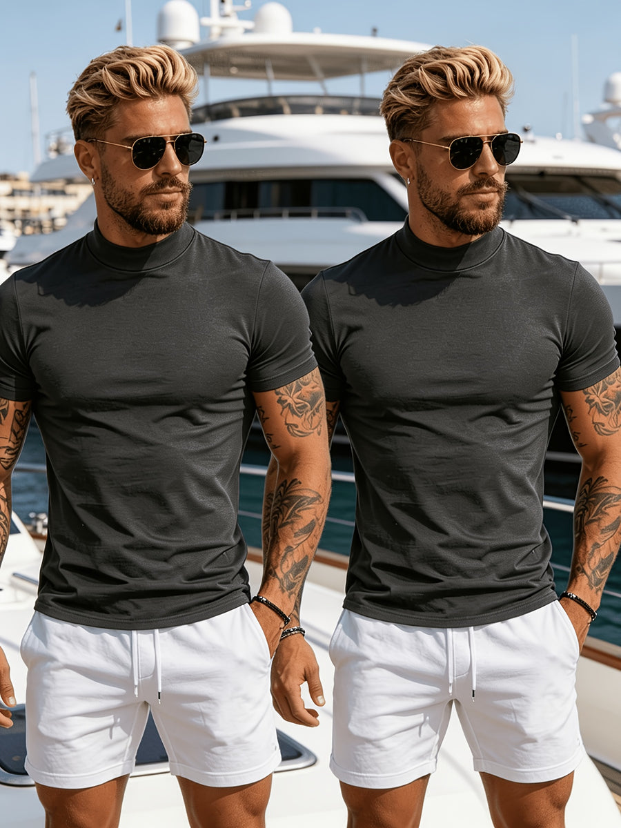 2pcs Spring/Summer New Arrival Men's Tops, Fashionable Sporty Mid-High Neck Short Sleeve Outerwear, Casual, Comfortable, Lightweight, Skin-Friendly, Trendy, Versatile, Refreshing, and Durable - Mixed Color 3