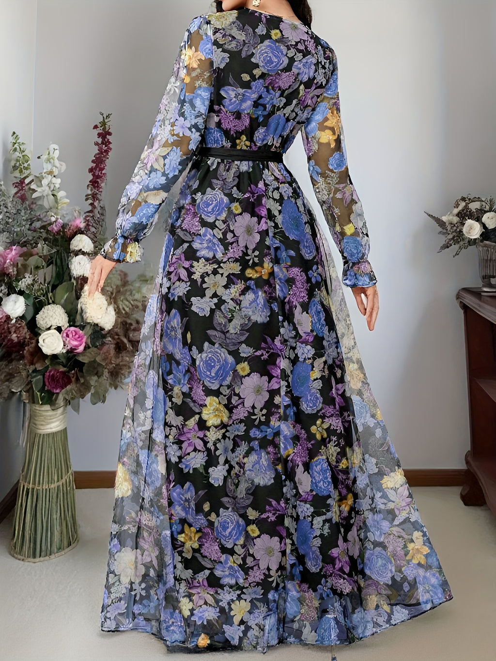 New elegant ladies cross collar lantern long sleeve waist oversized swing floral fashion mesh print romantic holiday maxi dress - Blue