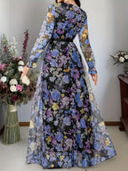 New elegant ladies cross collar lantern long sleeve waist oversized swing floral fashion mesh print romantic holiday maxi dress - Blue