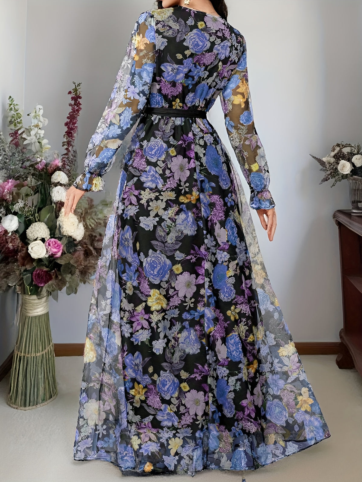 New elegant ladies cross collar lantern long sleeve waist oversized swing floral fashion mesh print romantic holiday maxi dress - Blue