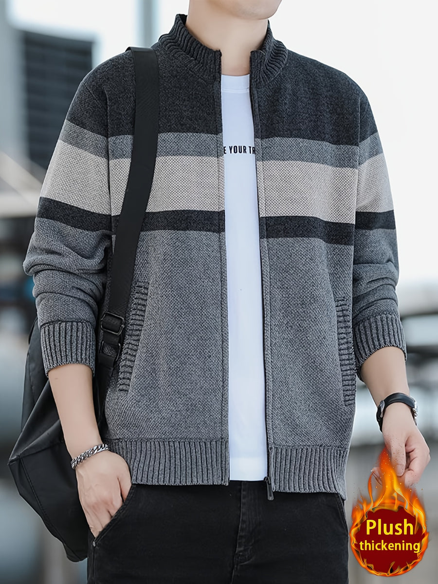 Men'S Autumn Winter Striped Contrasting Stand Up Collar, Thick Knit with Velvet, Zipper Jacket, Suitable for Autumn Winter Outdoor (Selected from Temujin) - Dark Gray