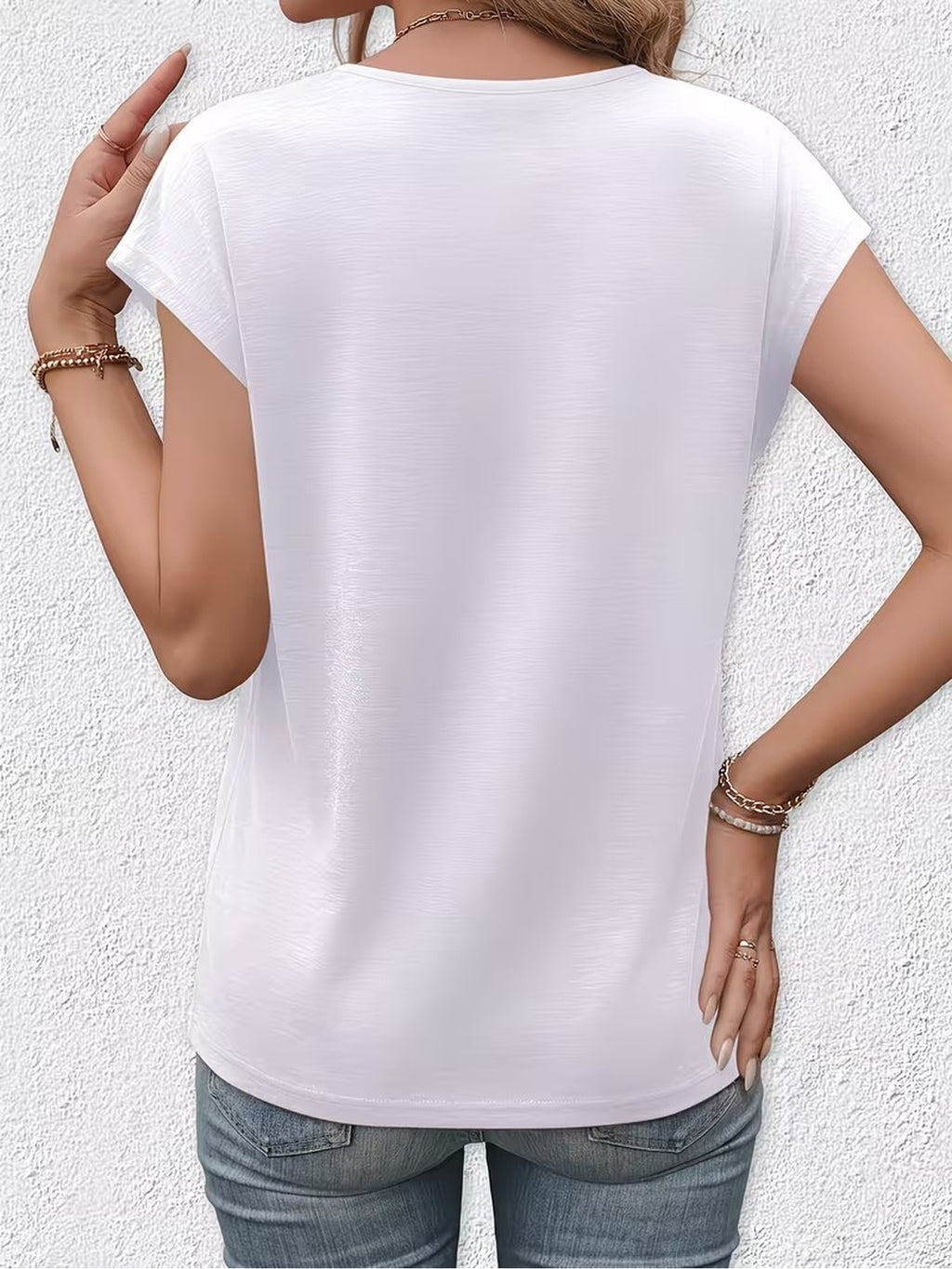 New Summer Women's V-Neck Fake Button Covered Sleeve T-Shirt, Solid Color Casual Top, Machine Washable - Suitable for Daily and Home Wear - White