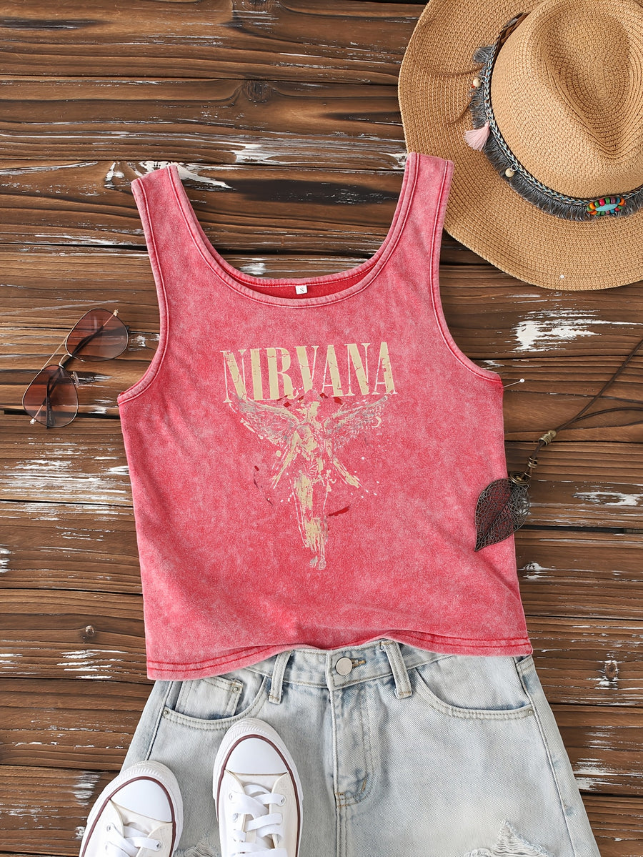 Ladies' Fashion Trend Fried Snowflake Washed - Angel Creative Pattern Printed Sleeveless Vest - Red