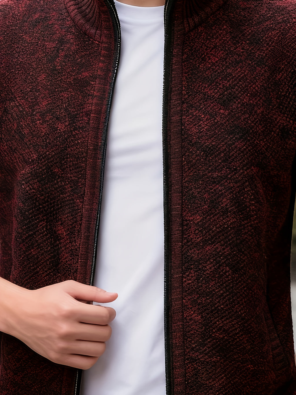 1pc Men's Knitted Cardigan Stand up Collar Jacket with Multiple Colors to Choose From, Simple and Stylish Design, Easy to Match with Shirt/T-shirt, Perfect for Commuting and Leisure, Showcasing Elegant Temperament (only One Jacket) - Burgundy