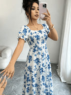 Women'S Ruched Square Neck Short Sleeve Ruffled Hem Dress with Ditsy Floral Print, Suitable for Casual, Work, Travel, Beach, Bohemian, Western, Music Festival, Countryside Style - Orchid Color