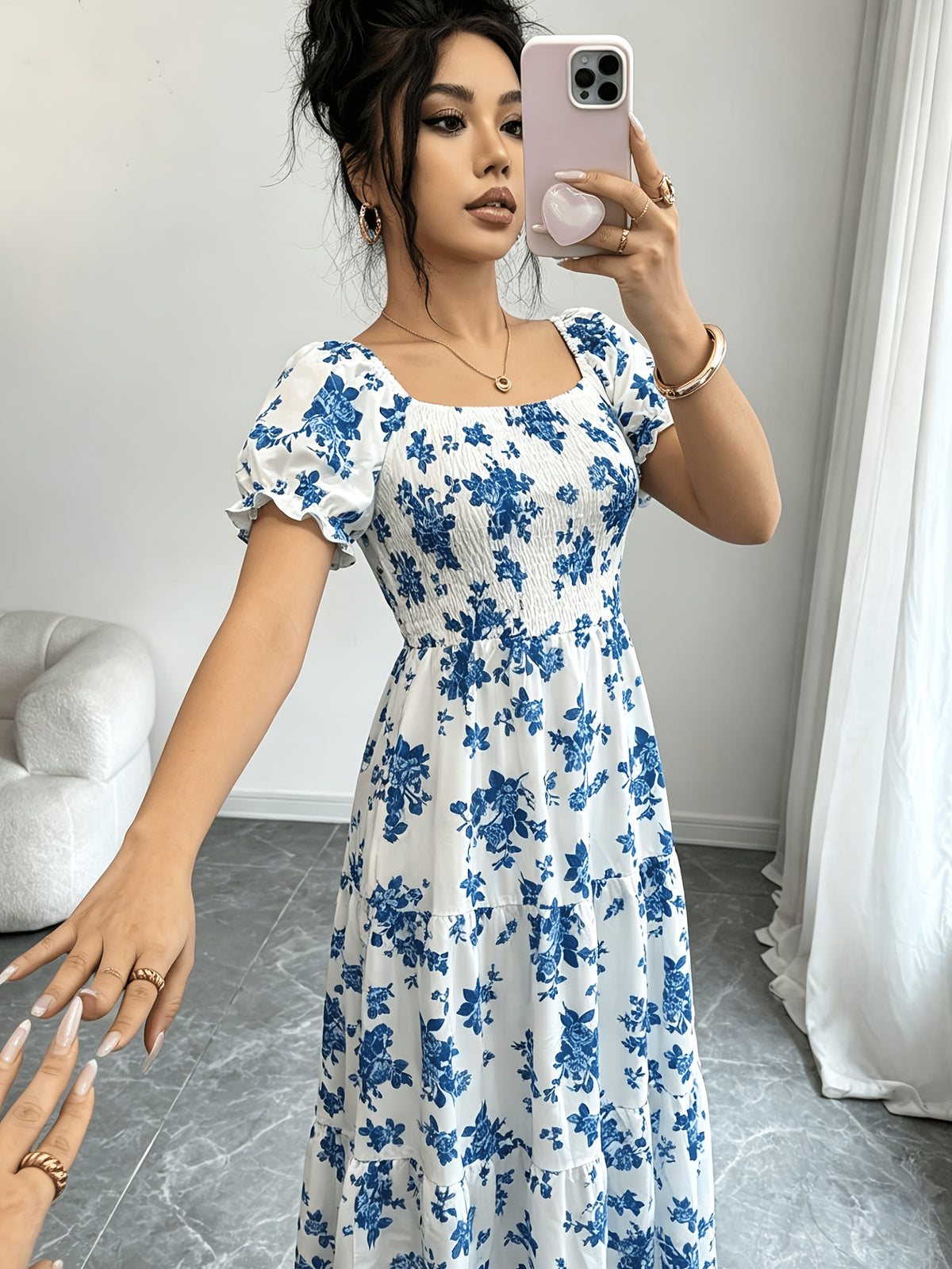 Women'S Ruched Square Neck Short Sleeve Ruffled Hem Dress with Ditsy Floral Print, Suitable for Casual, Work, Travel, Beach, Bohemian, Western, Music Festival, Countryside Style - Orchid Color