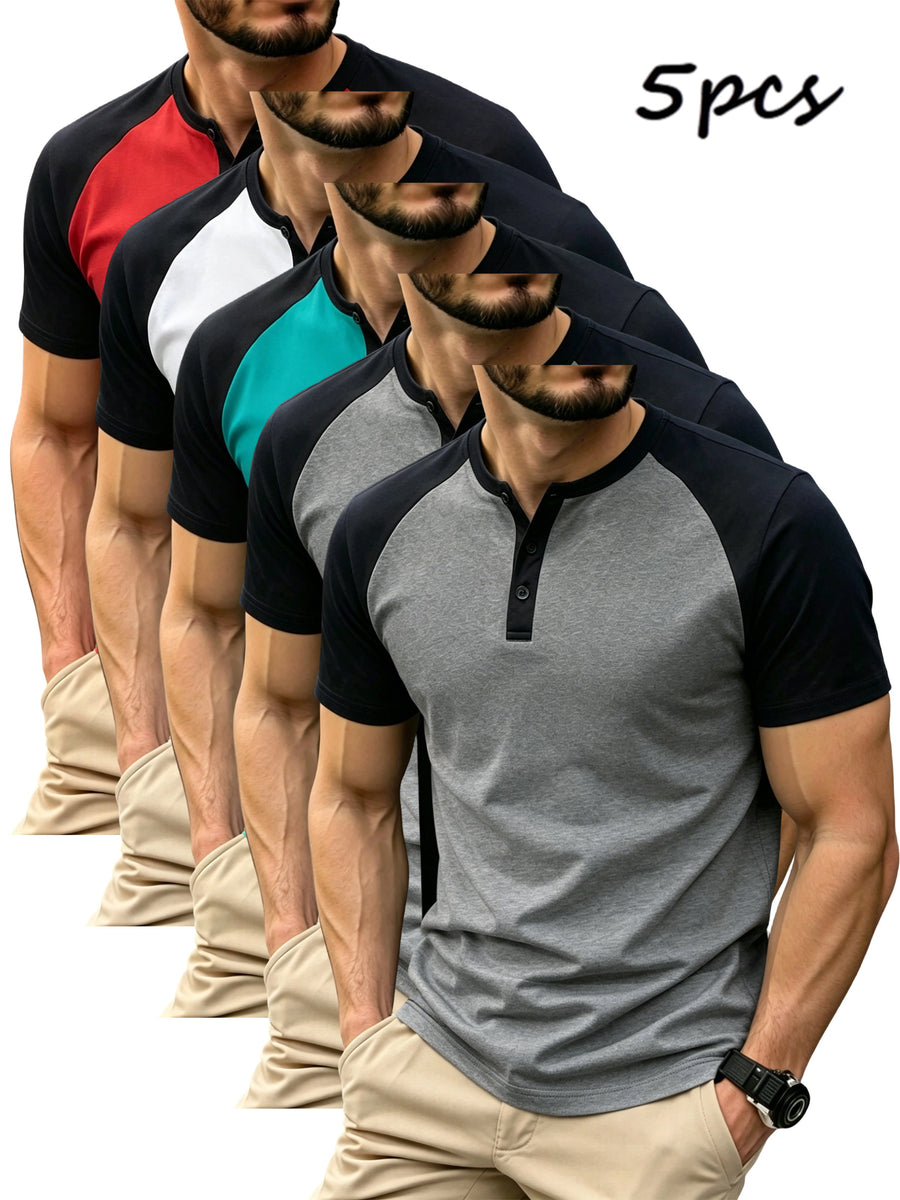 5-Pcs Summer Men'S Short-Sleeve T-Shirt, Raglan Sleeve Henley Shirt, Multi-Color Solid Casual Sports Top, Button-Up Round Neck Shirt - Mixed colors