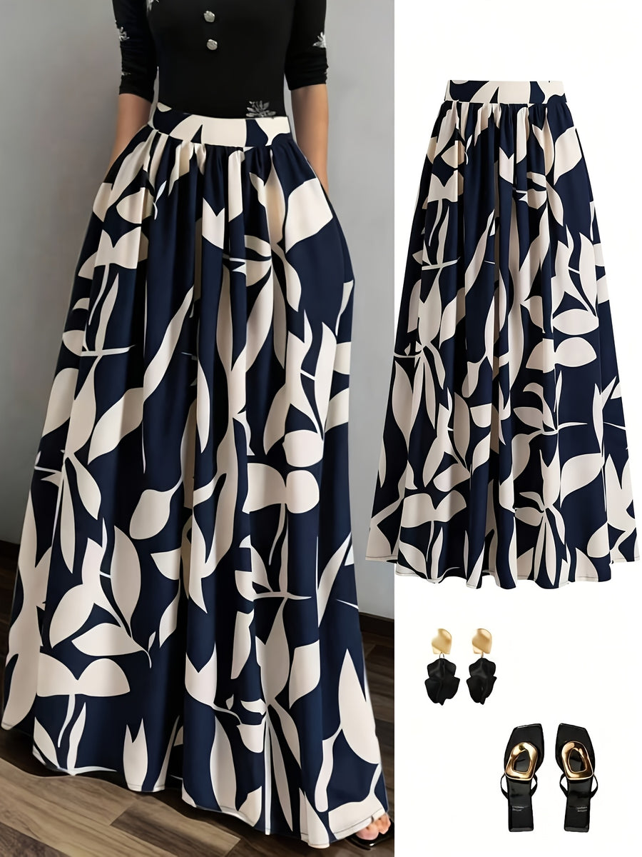 New Spring/Summer/Autumn Women's Printed High-Waist A-Line Skirt, Summer Vacation Dress - Navy Color