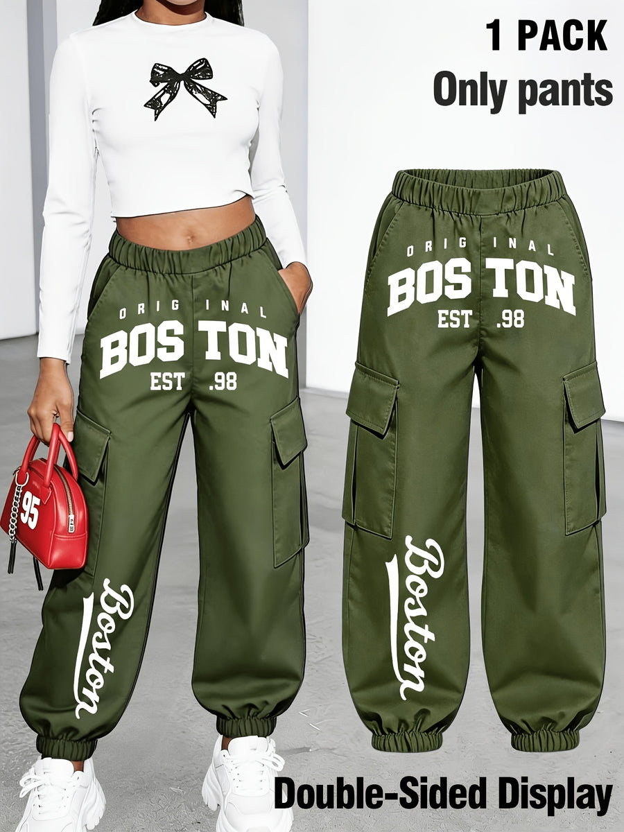 New Arrival - Women's Cargo Pants Sold Individually, Cute and Fun Patterned Letter Print Work Pants with Multiple Pockets, Featuring Digital Cartoon Patterns, Cargo Pants Style, Long Pants for Fashionable Aged 18-25, Machine Washable, Durable Fabric - Olive Green