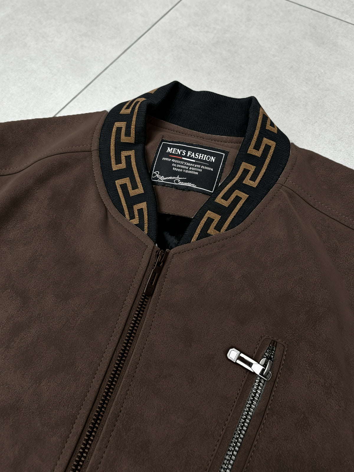 Men's -Lined -Look Baseball Jacket, Vintage Herringbone Ribbed Collar Casual Baseball Coat, for Daily Outdoor Streetwear - Dark Brown
