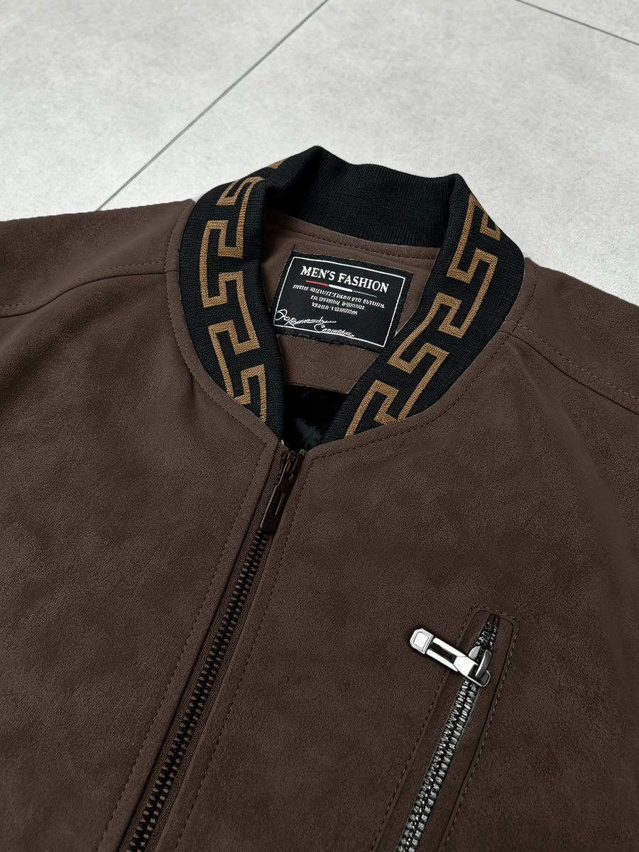 Men's -Lined -Look Baseball Jacket, Vintage Herringbone Ribbed Collar Casual Baseball Coat, for Daily Outdoor Streetwear - Dark Brown