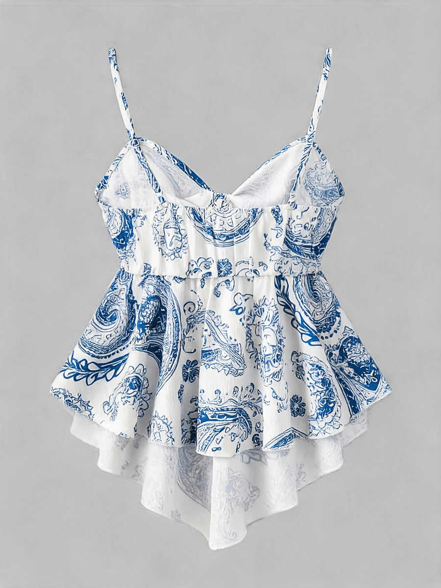 Blue and White Porcelain Print Spaghetti Strap Top with Sweet and Spicy Style Bow Waistband for a Effect - Multicolor