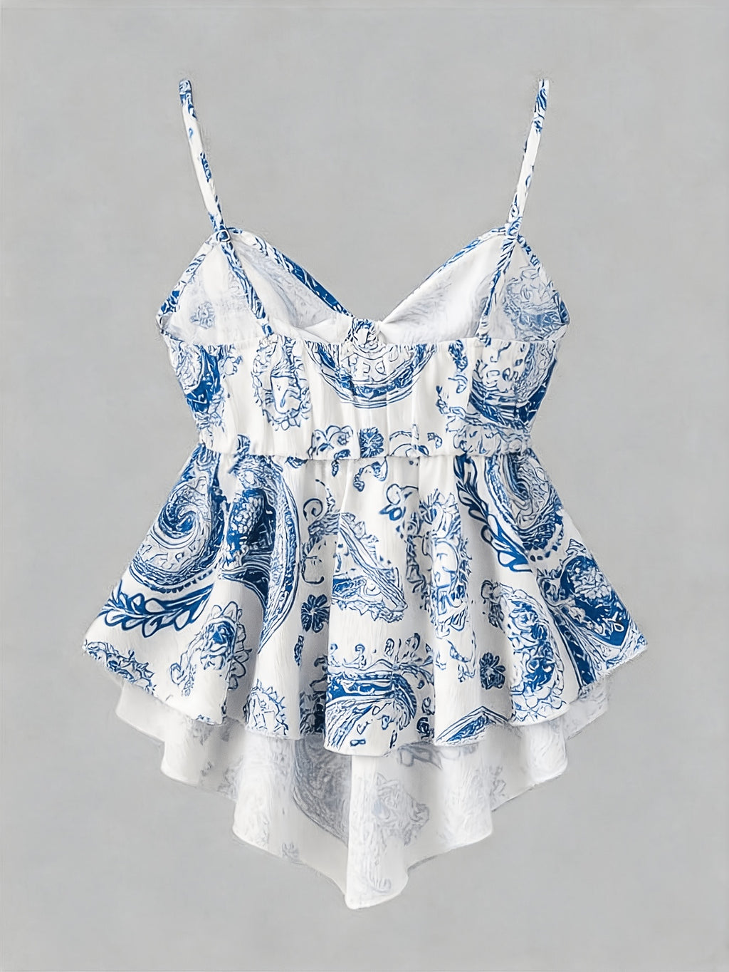 Blue and White Porcelain Print Spaghetti Strap Top with Sweet and Spicy Style Bow Waistband for a Effect - Multicolor