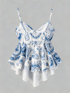 Blue and White Porcelain Print Spaghetti Strap Top with Sweet and Spicy Style Bow Waistband for a Effect - Multicolor