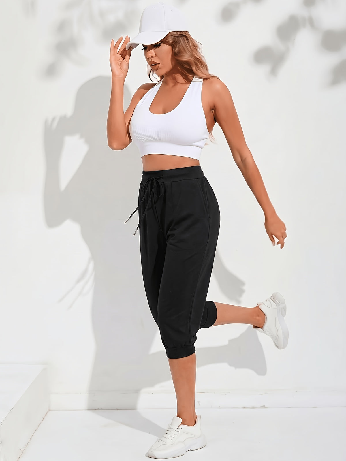 Women's Two-Pack Cropped Solid Color Jogger Sweatpants, High-Waisted Loose Fit with Drawstring Cuffs and Pockets, Casual Trousers - Black+Light Grey