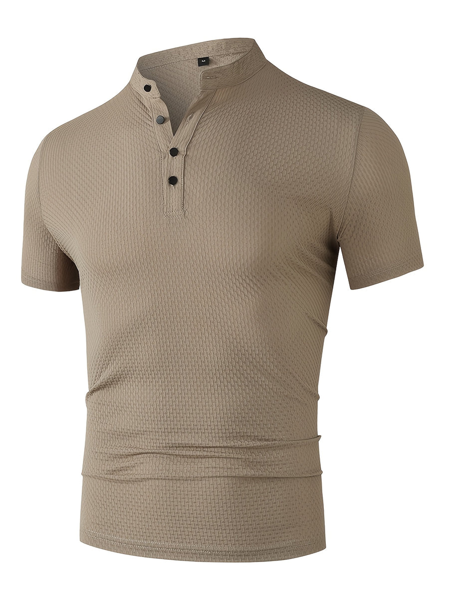 Men'S Waffle Texture Mandarin Collar Polo Shirts, Lightweight Quick-Dry Stretch Short Sleeve Summer Business Casual Tees - Khaki