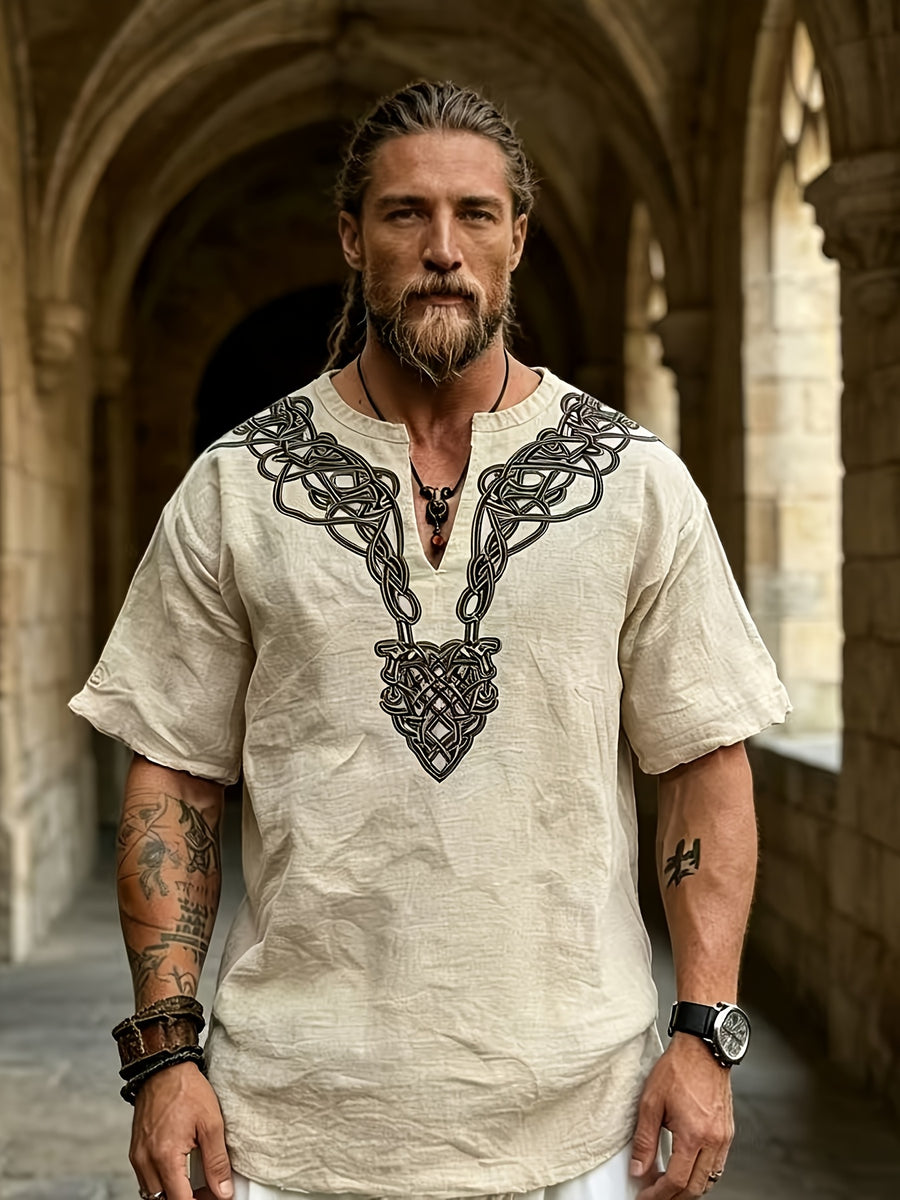 2026 Summer New Men'S Ethnic Style Short Sleeve Print V-Neck T-Shirt, Loose Casual Top - Apricot
